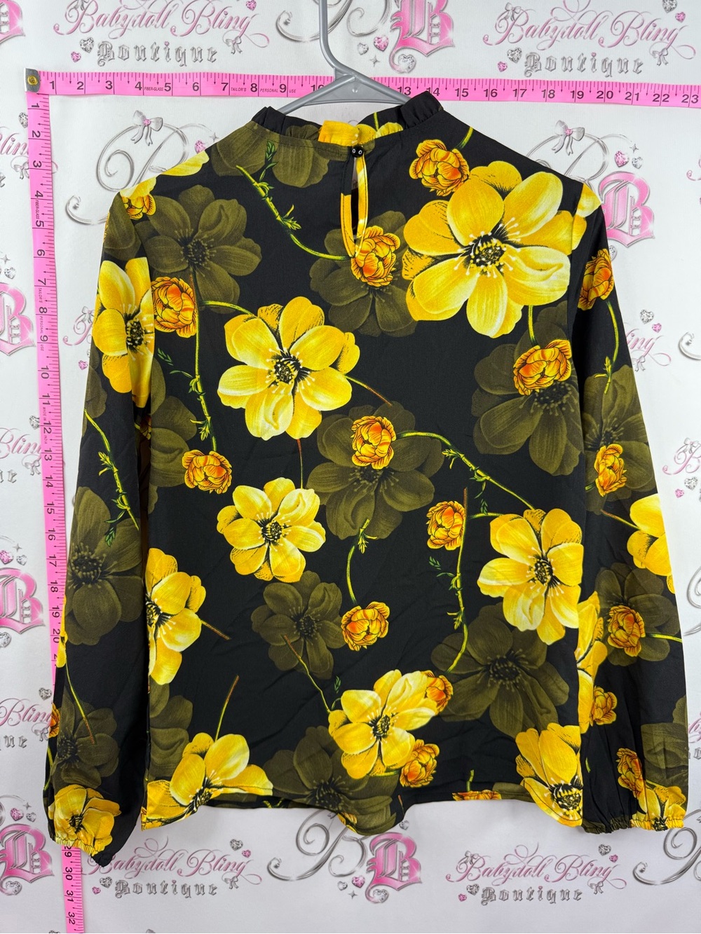 RANLEGE shirt blouse flowers ruffle Yellow Floral Long-Sleeve Blouse - Black - Picture 11 of 16
